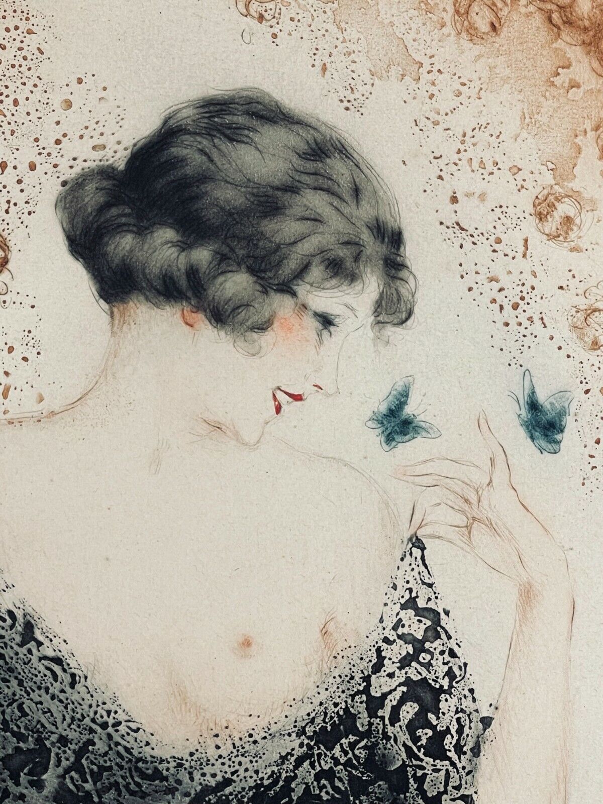 Louis Icart Original 1922 etching "Blue Butterflies"