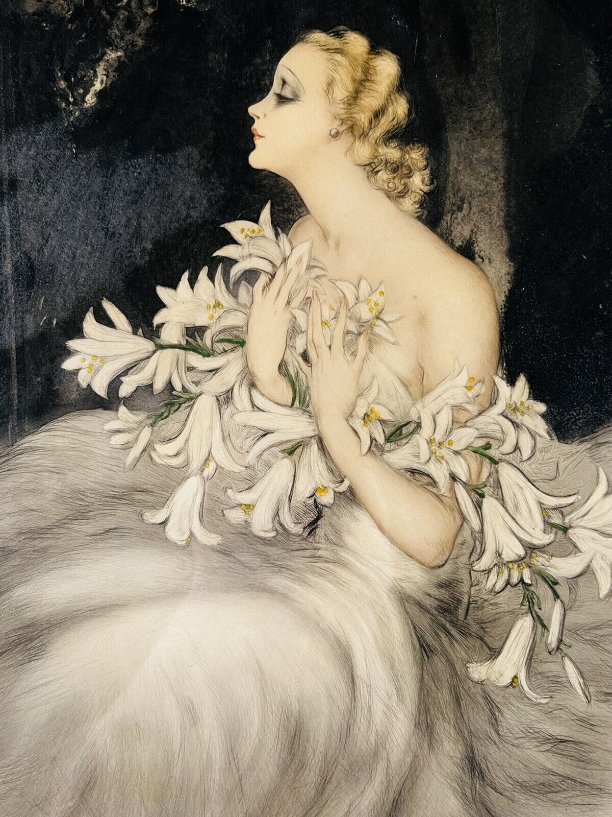Louis Icart French “Lillies" ORIGINAL 1934 Etching With COA, Pencil signed