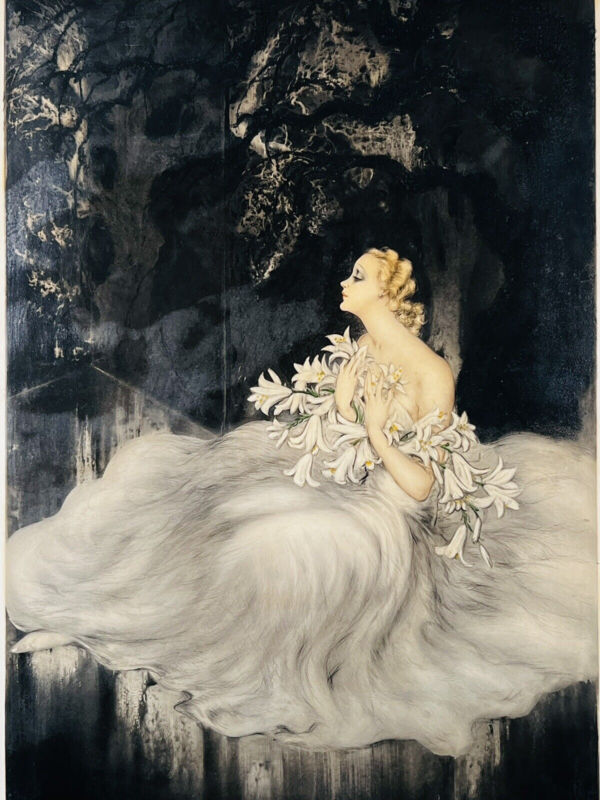 Louis Icart French “Lillies" ORIGINAL 1934 Etching With COA, Pencil signed