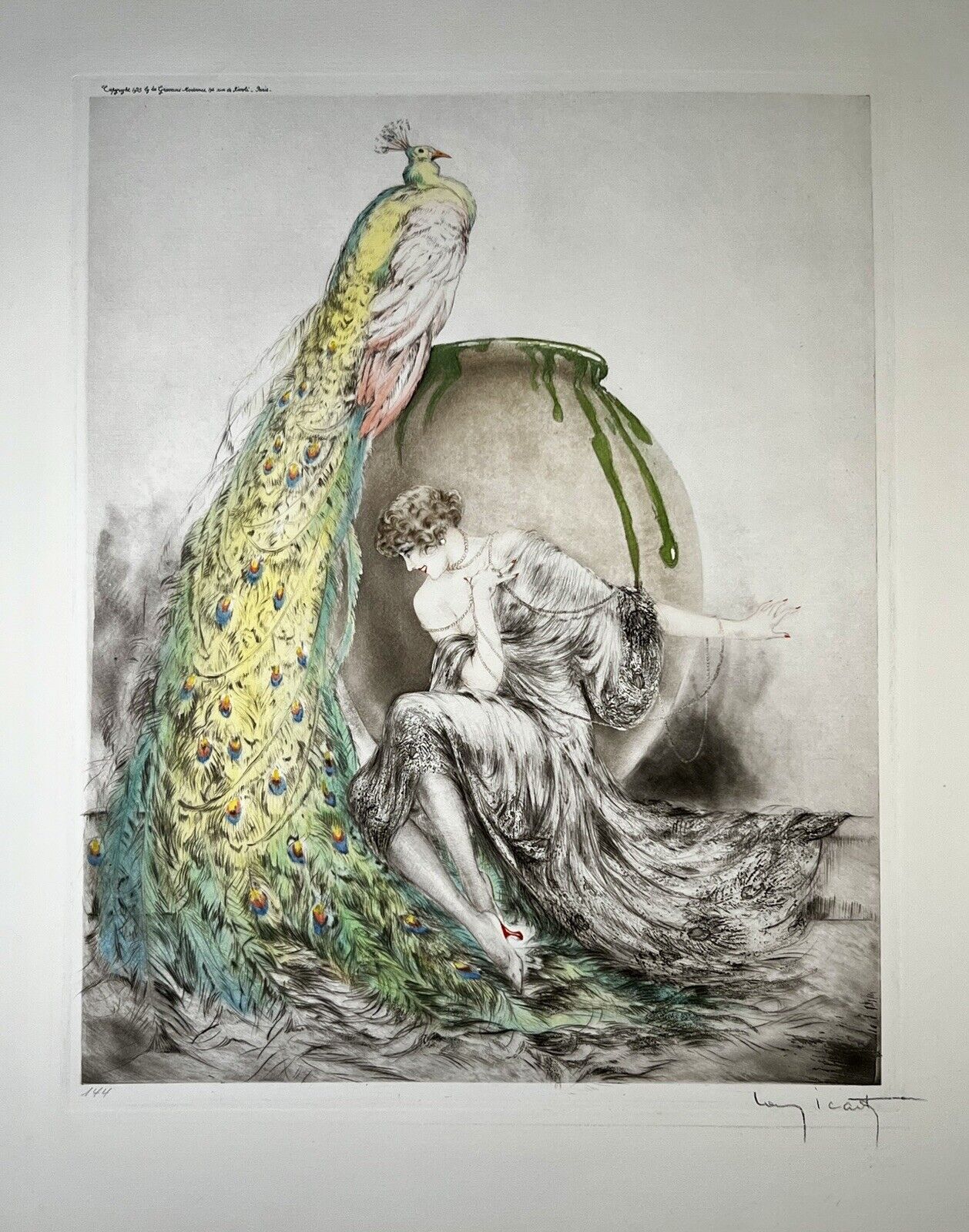 Louis Icart "Peacock" no. 37 original drypoint etching with COA