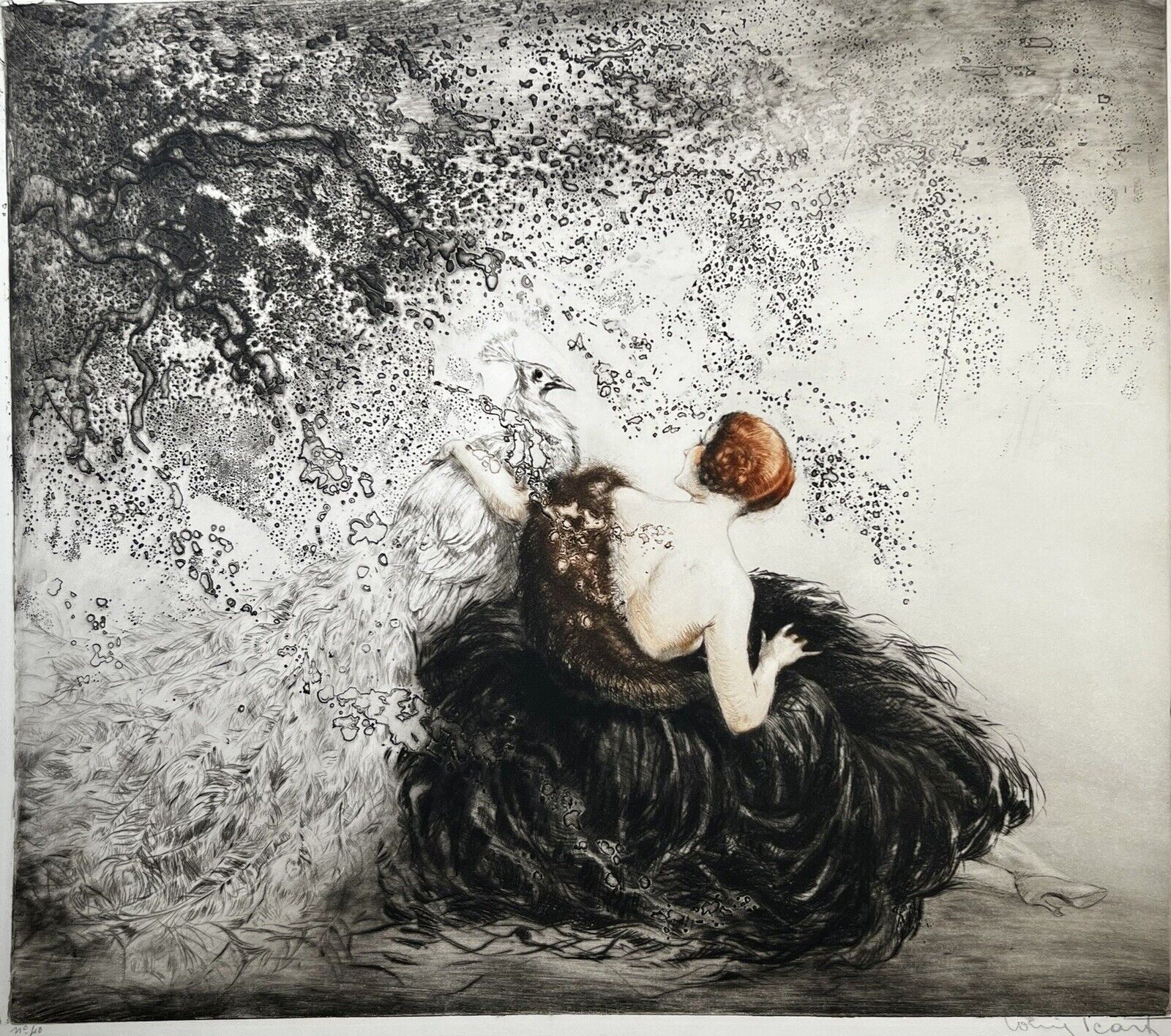 RARE Louis Icart “Whispering White Peacock” original pencil signed etching COA